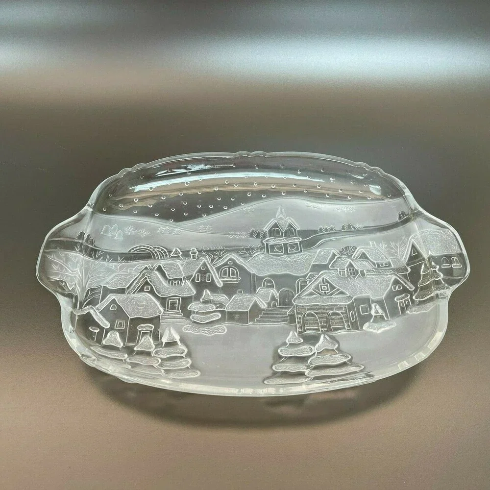 Vintage Christmas Serving‎ Tray Platter Clear Glass with Handles 15 1/4 x 10 3/4